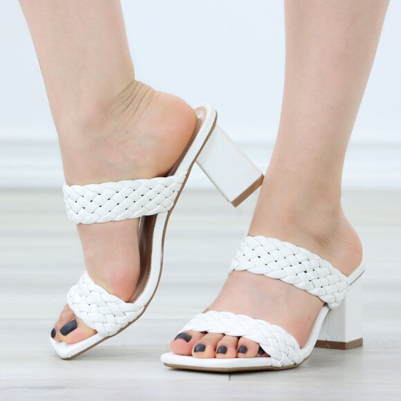 White Block Low Heeled Mule Open Squared Toe Slip On Sandals Braided Straps - Picture 11 of 14